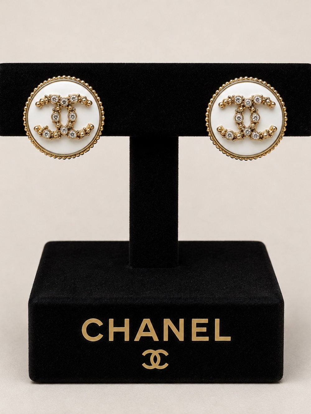 CHANEL Gold-Tone CC Crystal Button Earrings with White Enamel